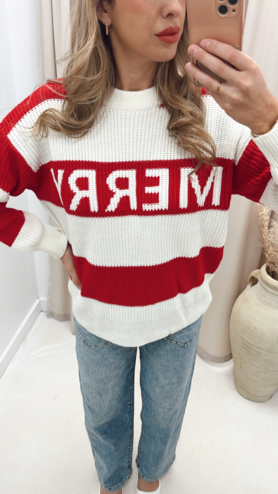 MERRY CHRISTMAS KNIT STRIPE SWEATER (RED)