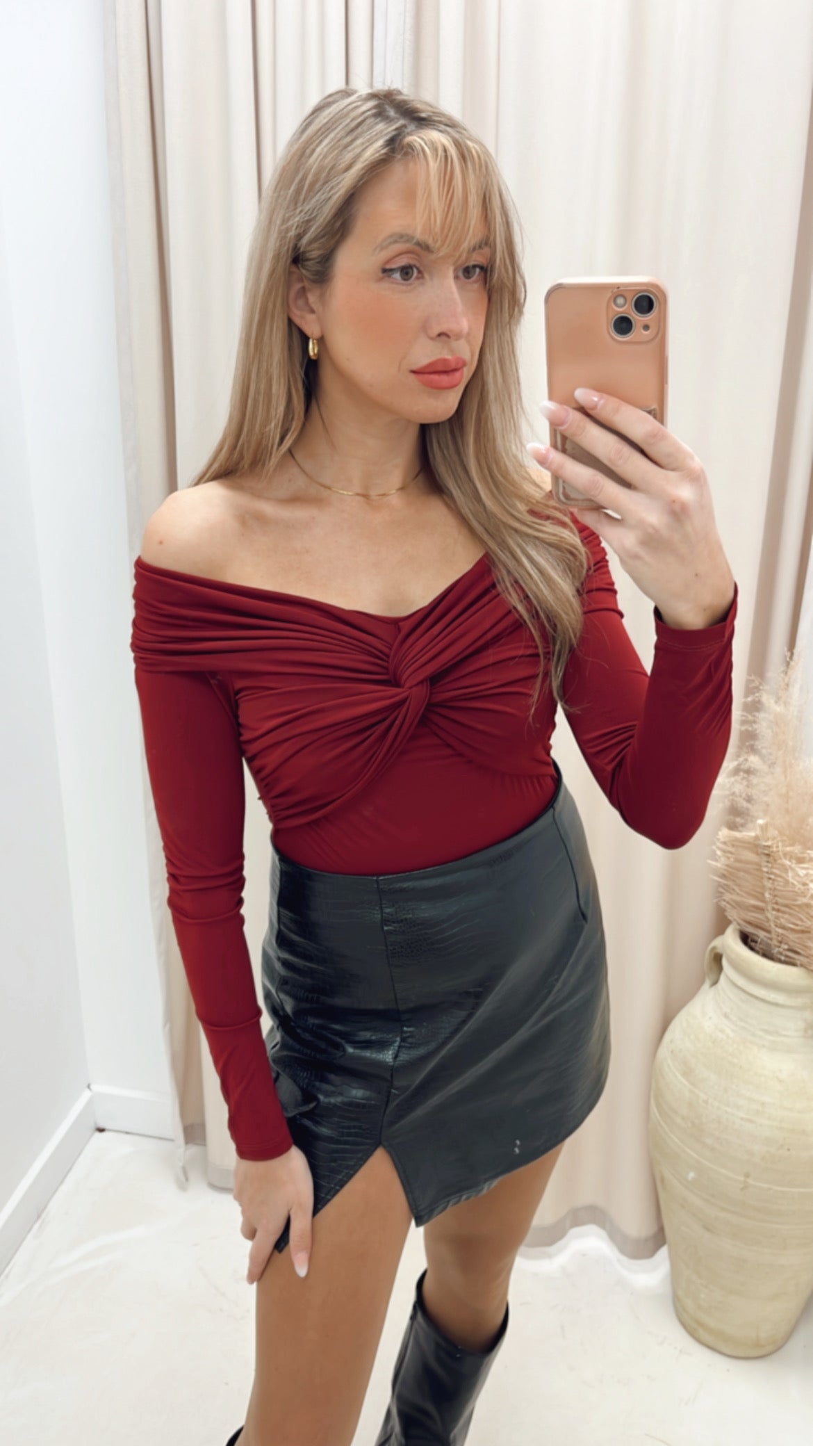 MADONNA TWIST OFF SHOULDER TOP (BURGUNDY)