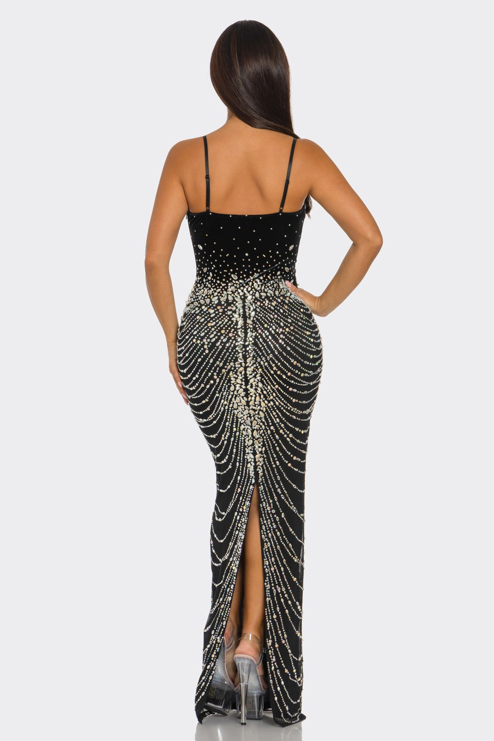 RHINESTONE EMBELLISHED CHAIN LIKE DRESS (BANJUL) BLACK