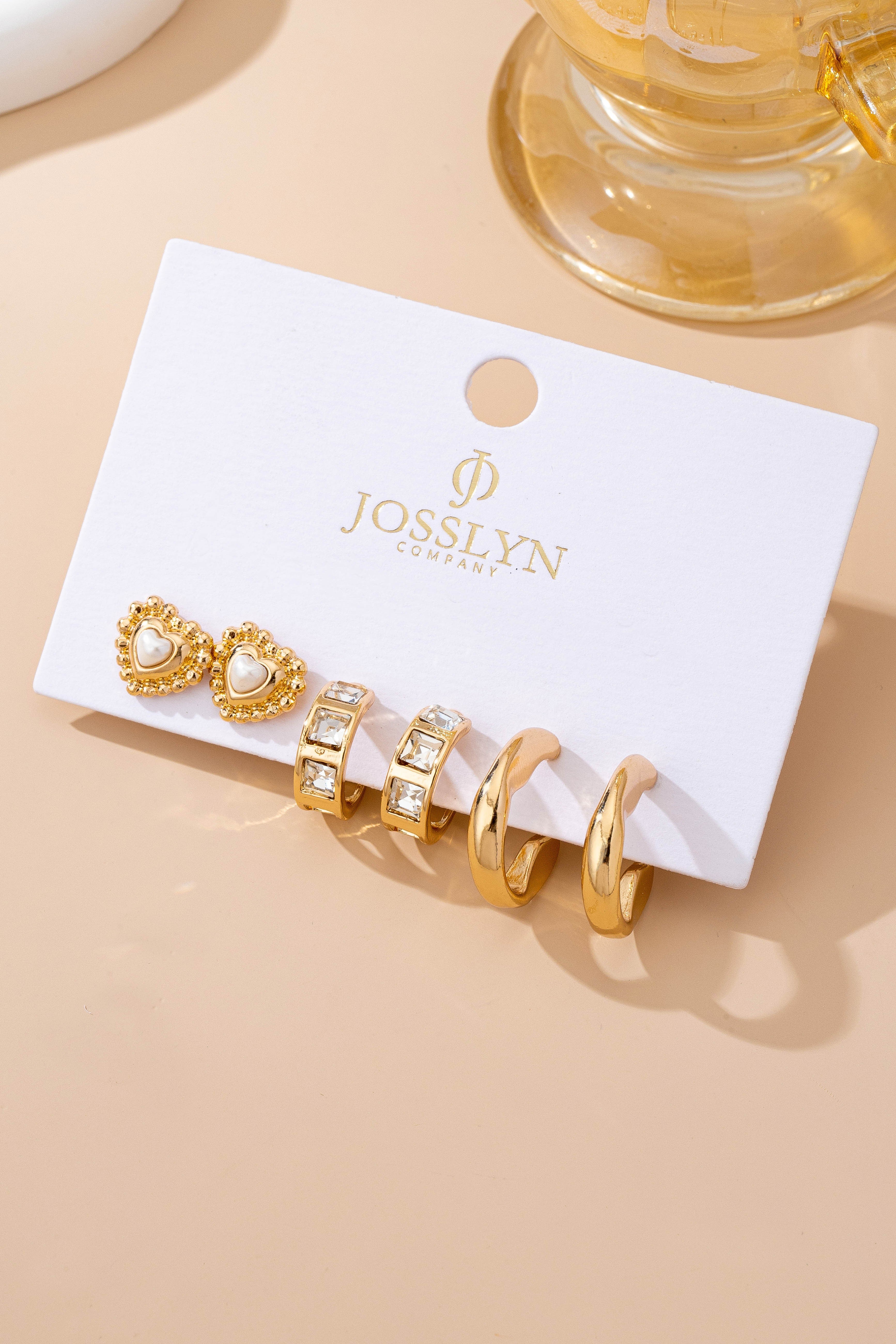PEARL HEART & RHINESTONE TRIO EARRINGS