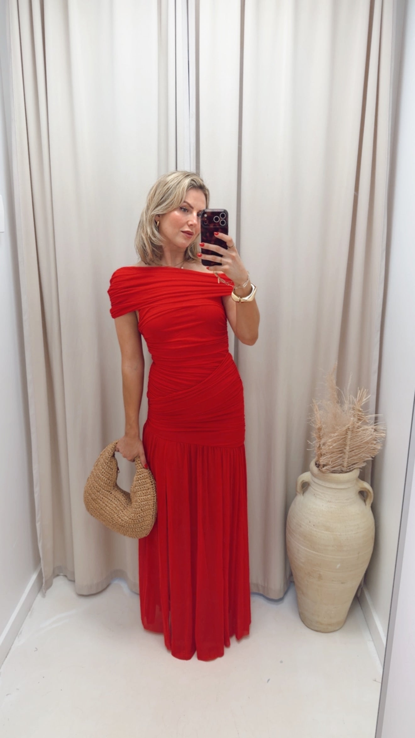 RUCHED MESH ASYMMETRIC MAXI DRESS (RED)
