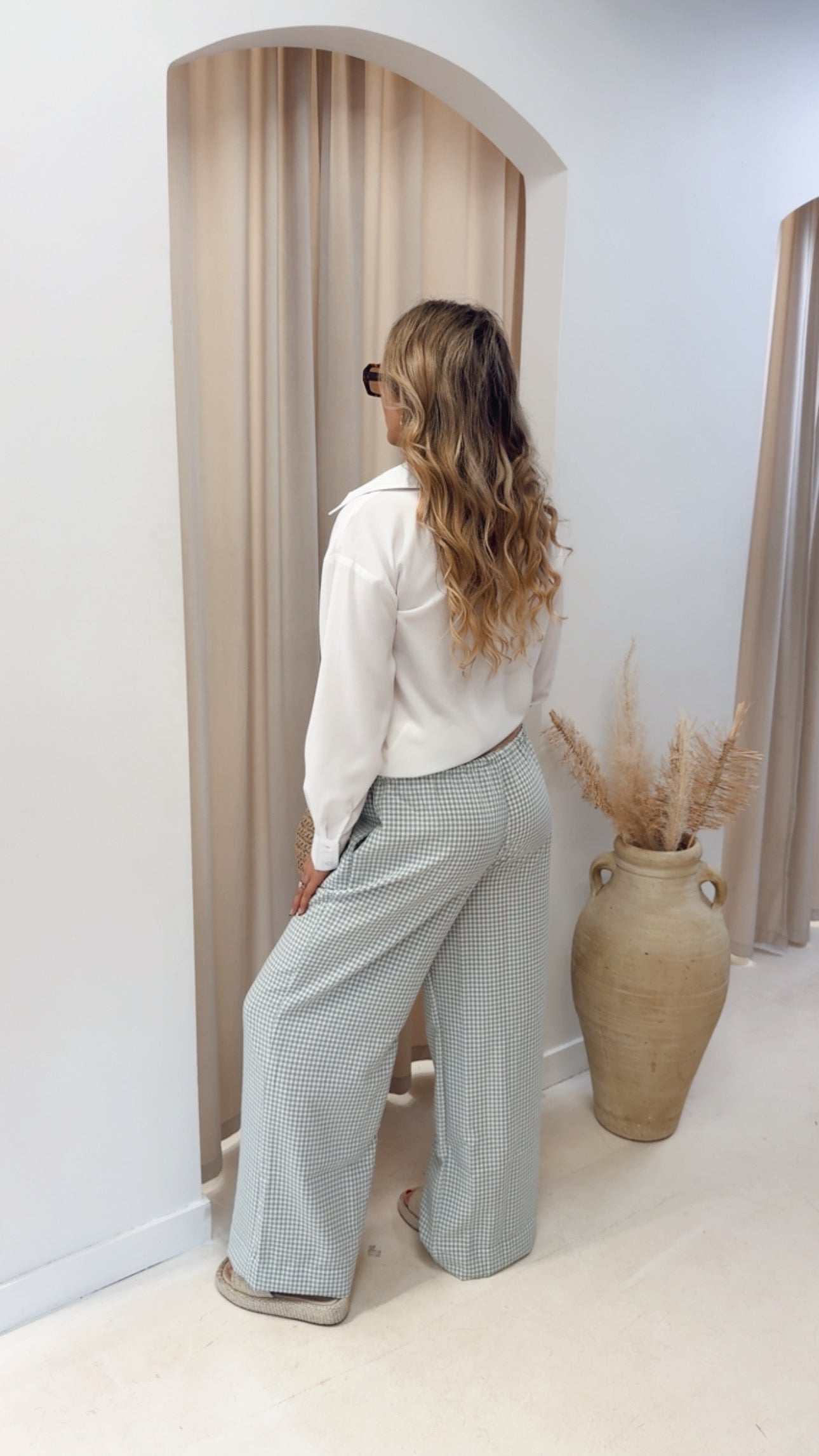 GINGHAM WIDE LEG DRAW-WAIST PANT | SAGE