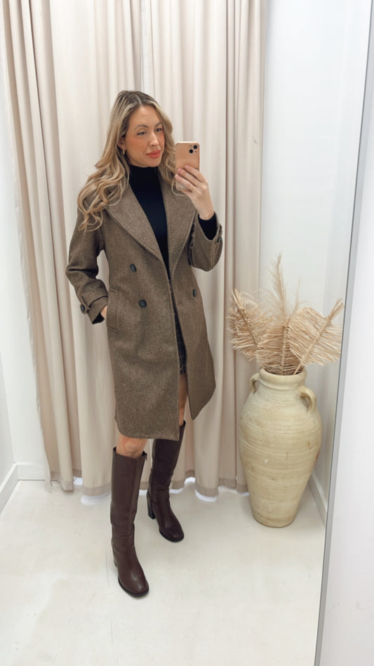 ANGELINA DOUBLE BREASTED TIE WRAP COAT (BROWN)