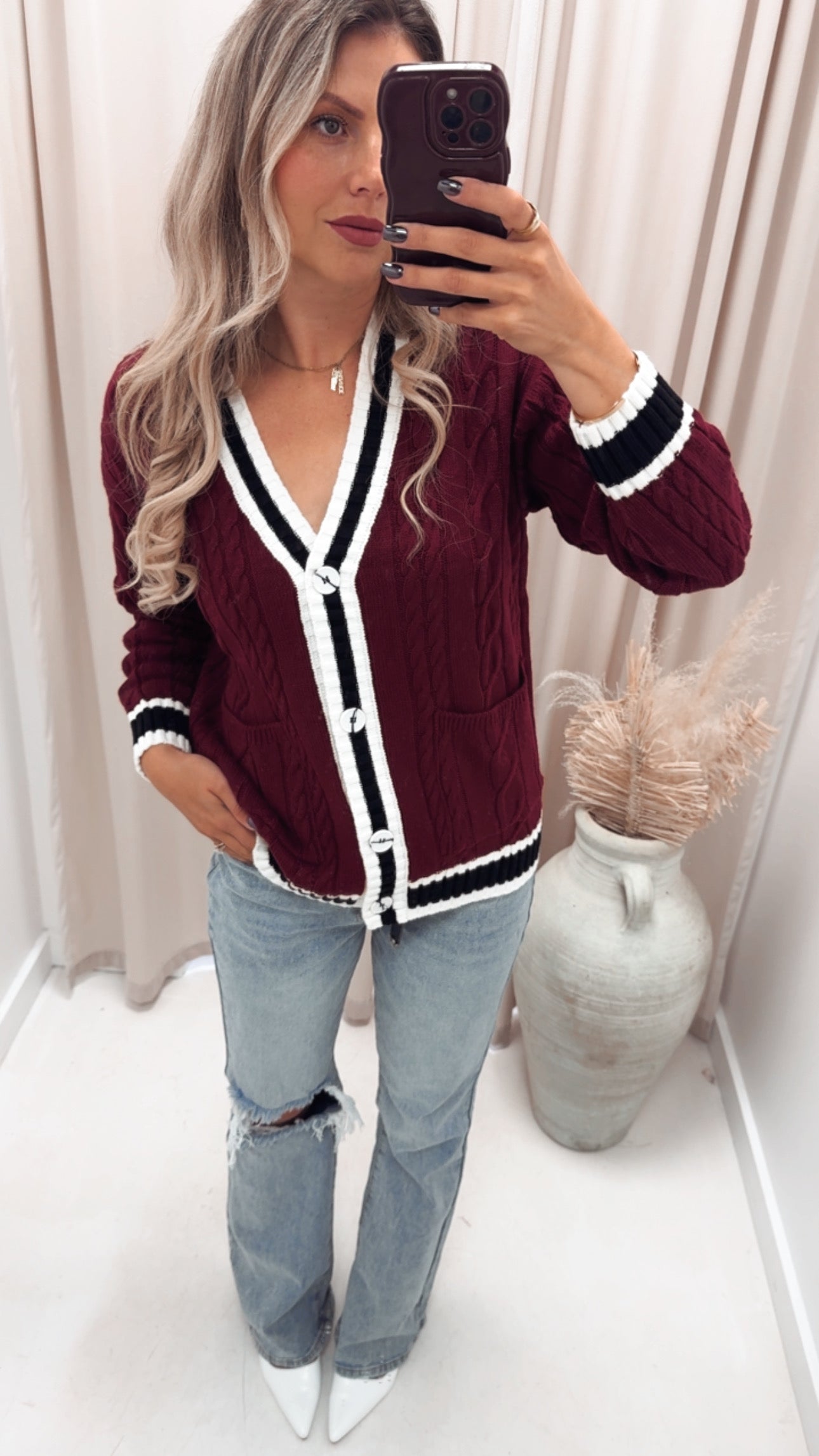CLARET BUTTON UP CARDIGAN (BURGUNDY)