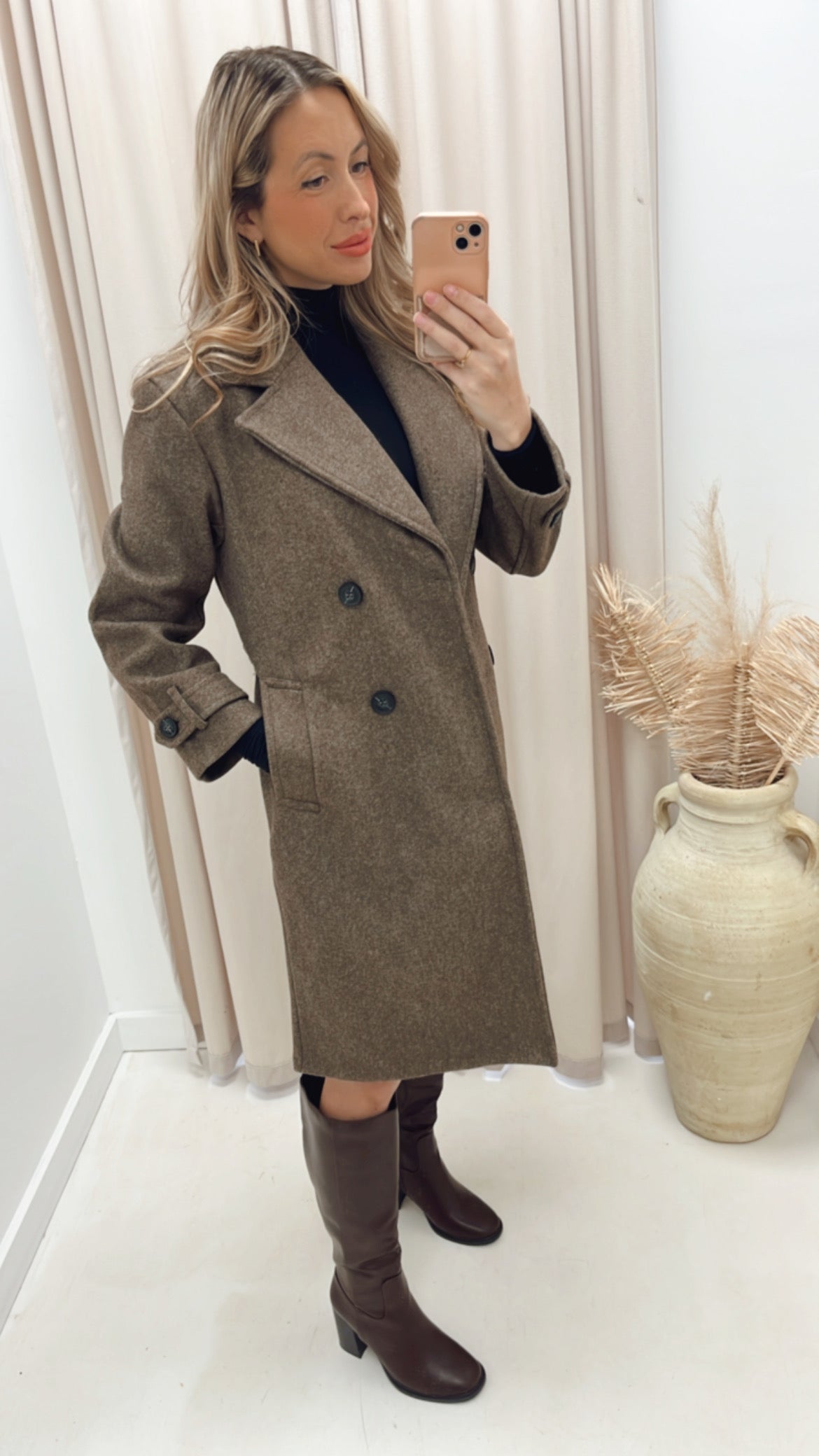 ANGELINA DOUBLE BREASTED TIE WRAP COAT (BROWN)
