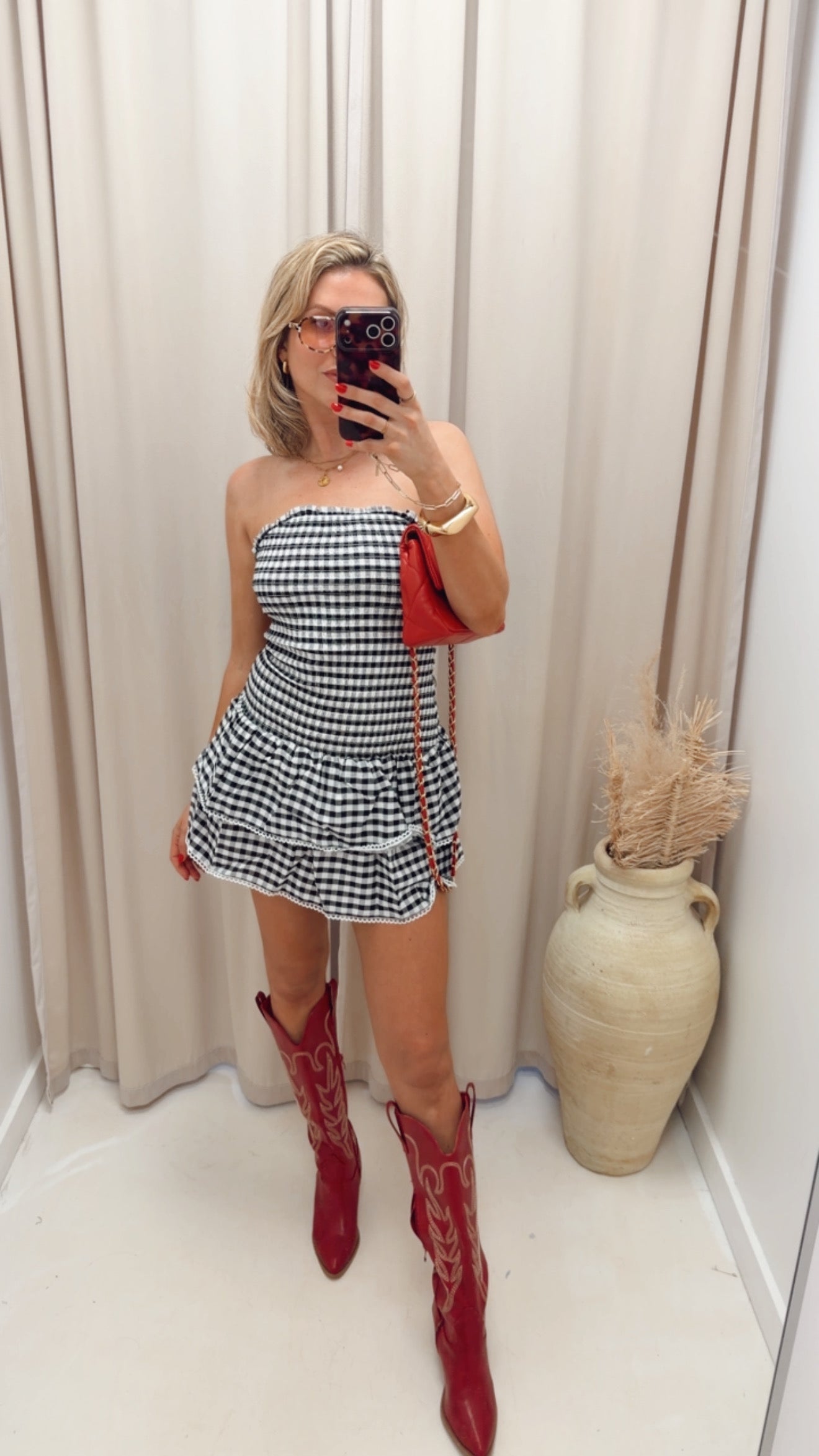PLAID STRAPLESS MINI DRESS