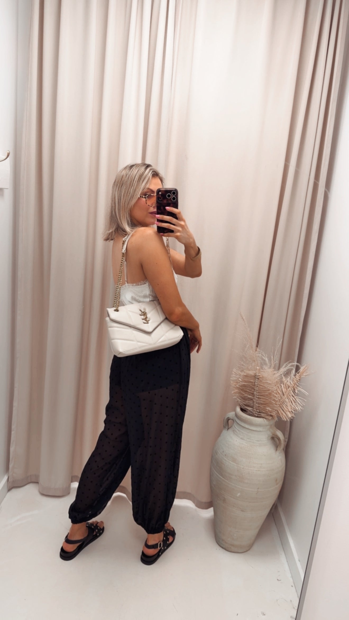 FLOCKED POLKA DOT HAREM PANTS