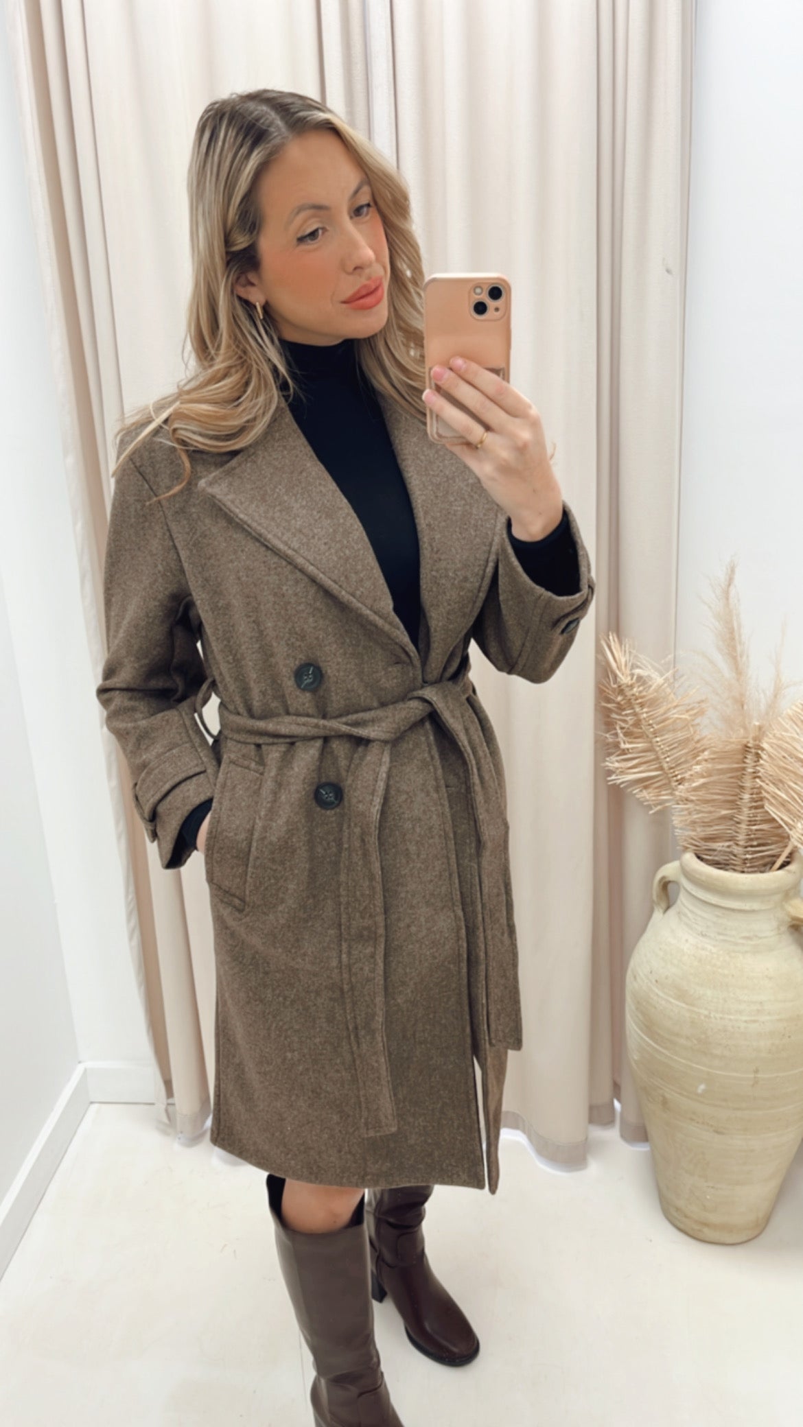 ANGELINA DOUBLE BREASTED TIE WRAP COAT (BROWN)