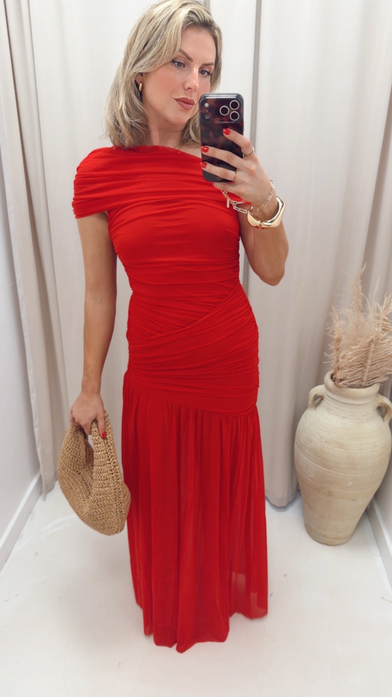 RUCHED MESH ASYMMETRIC MAXI DRESS (RED)