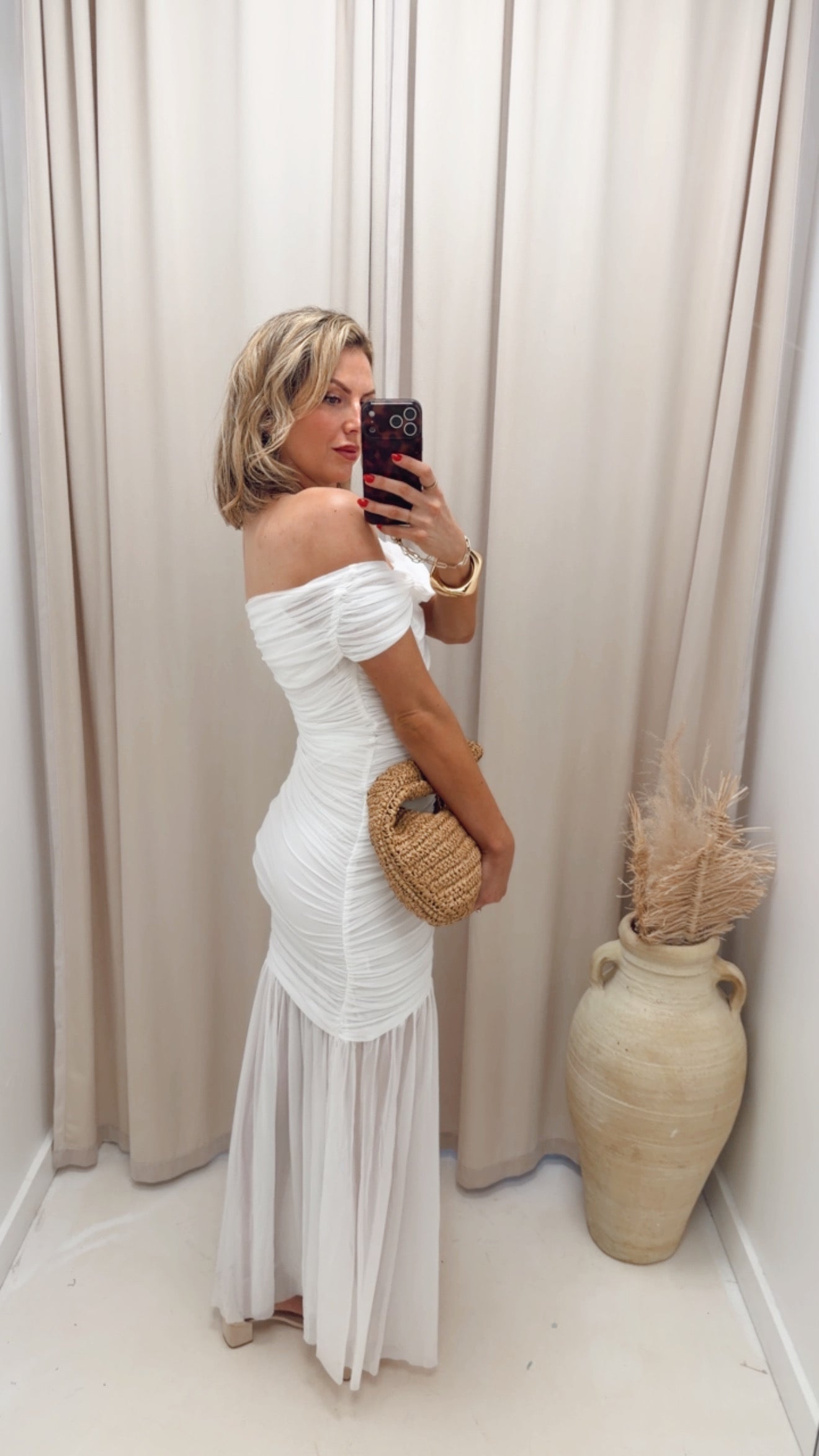 RUCHED MESH OFF SHOULDER MAXI DRESS (WHITE)