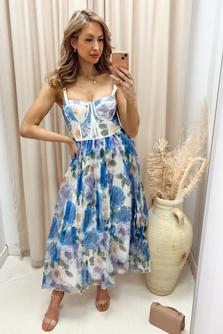 DAPHNE BUSTIER ORGANZA MIDI DRESS (FLORAL) (HOT RESTOCK)