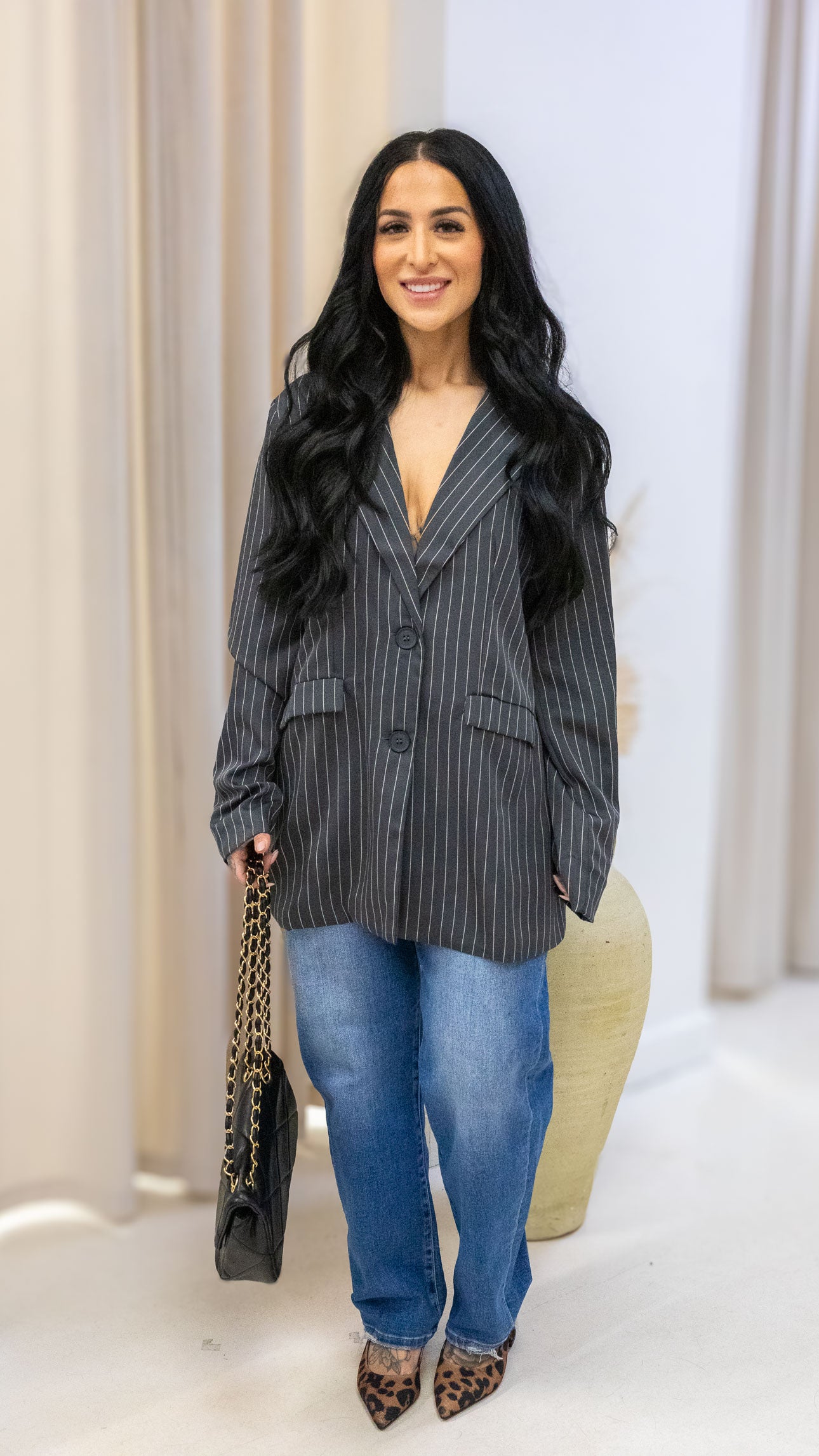 SYLVIE PINSTRIPE BOYFRIEND BLAZER (CHARCOAL)