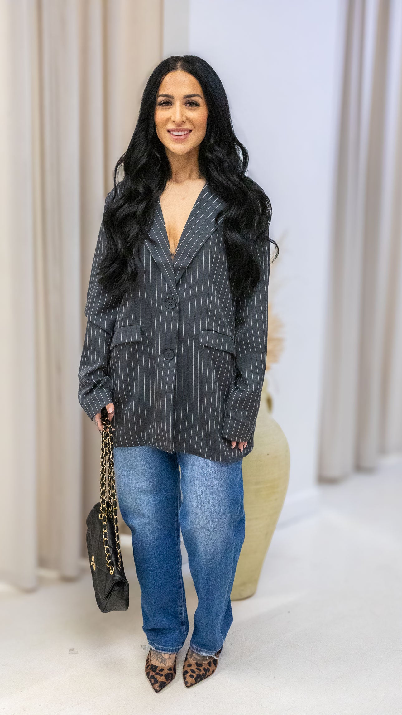 SYLVIE PINSTRIPE BOYFRIEND BLAZER (CHARCOAL)