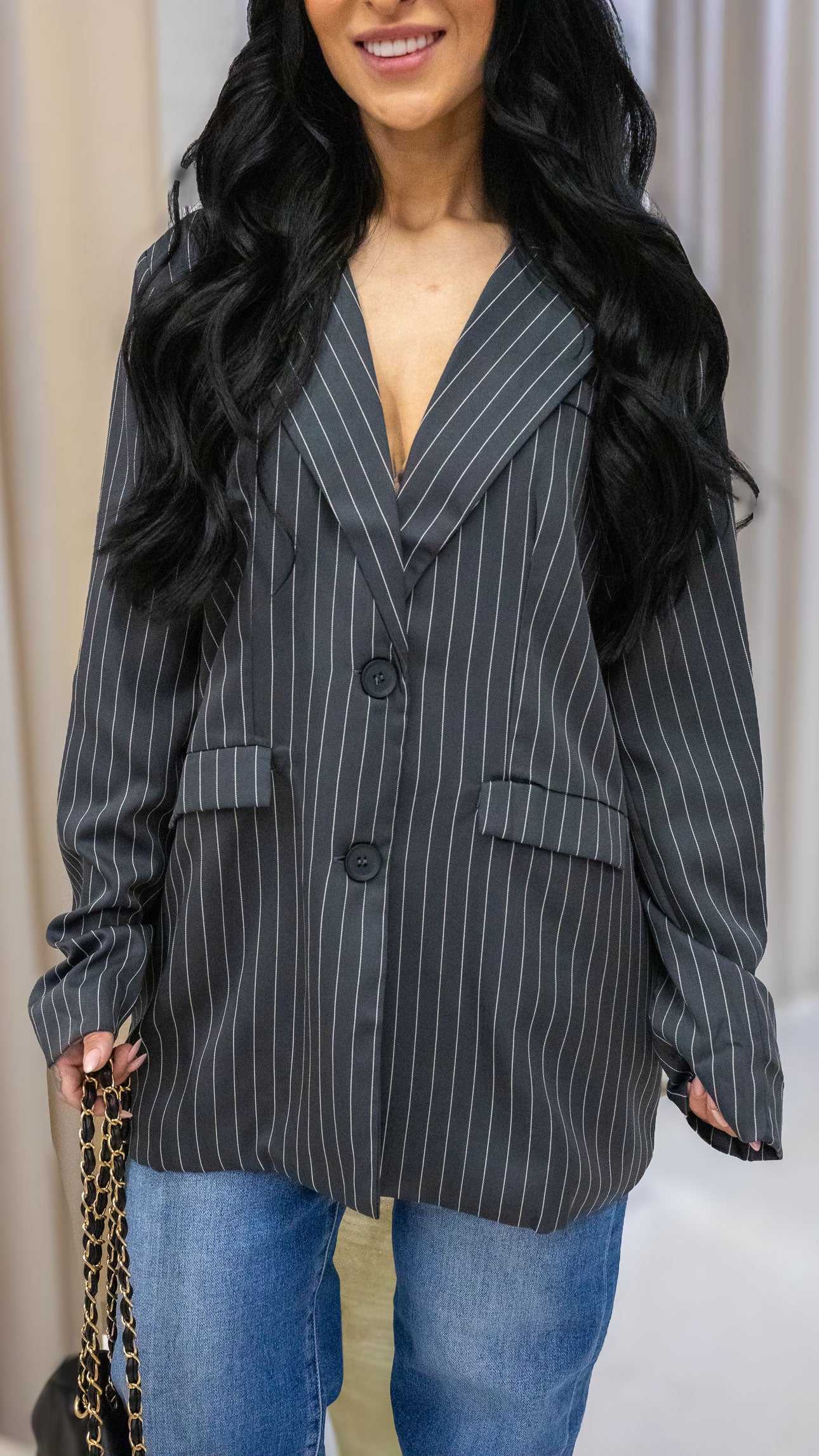 SYLVIE PINSTRIPE BOYFRIEND BLAZER (CHARCOAL)