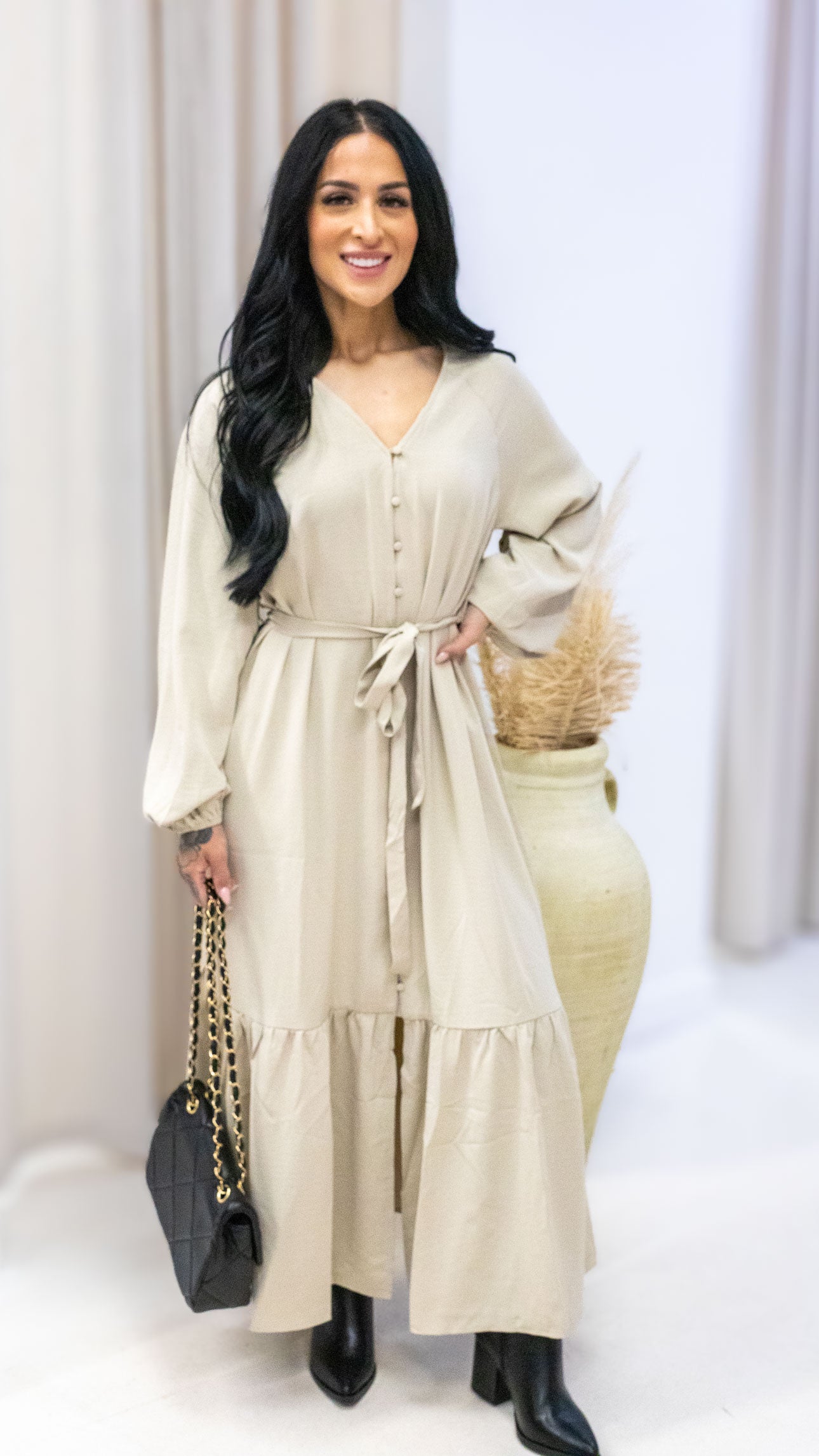 MELINA TIE WAIST MAXI DRESS (BEIGE)