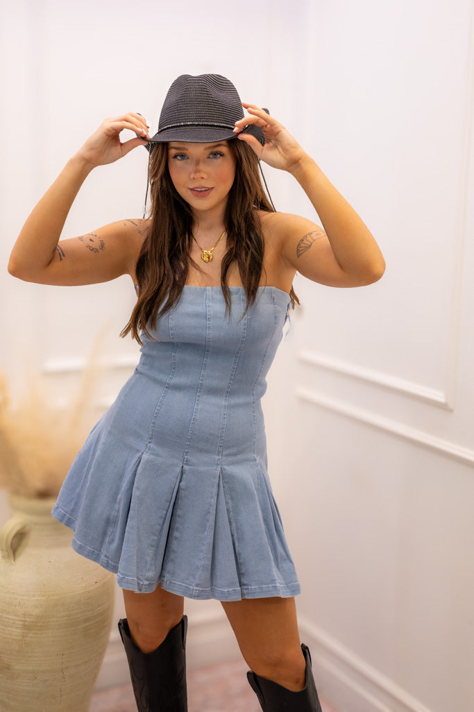 NEW MAIA DENIM STRAPLESS DRESS (MEDIUM WASH)