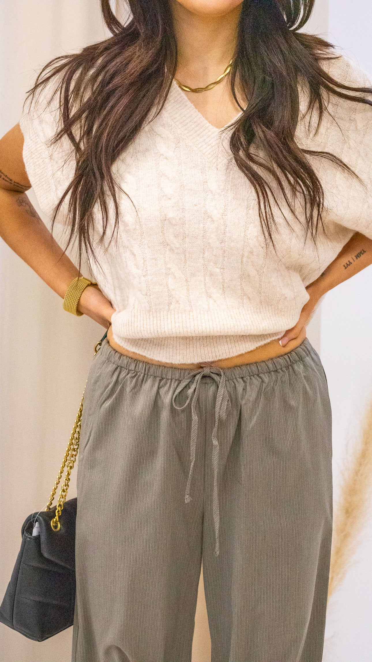 WIDE CUFF PINSTRIPE DRAWSTRING PANTS