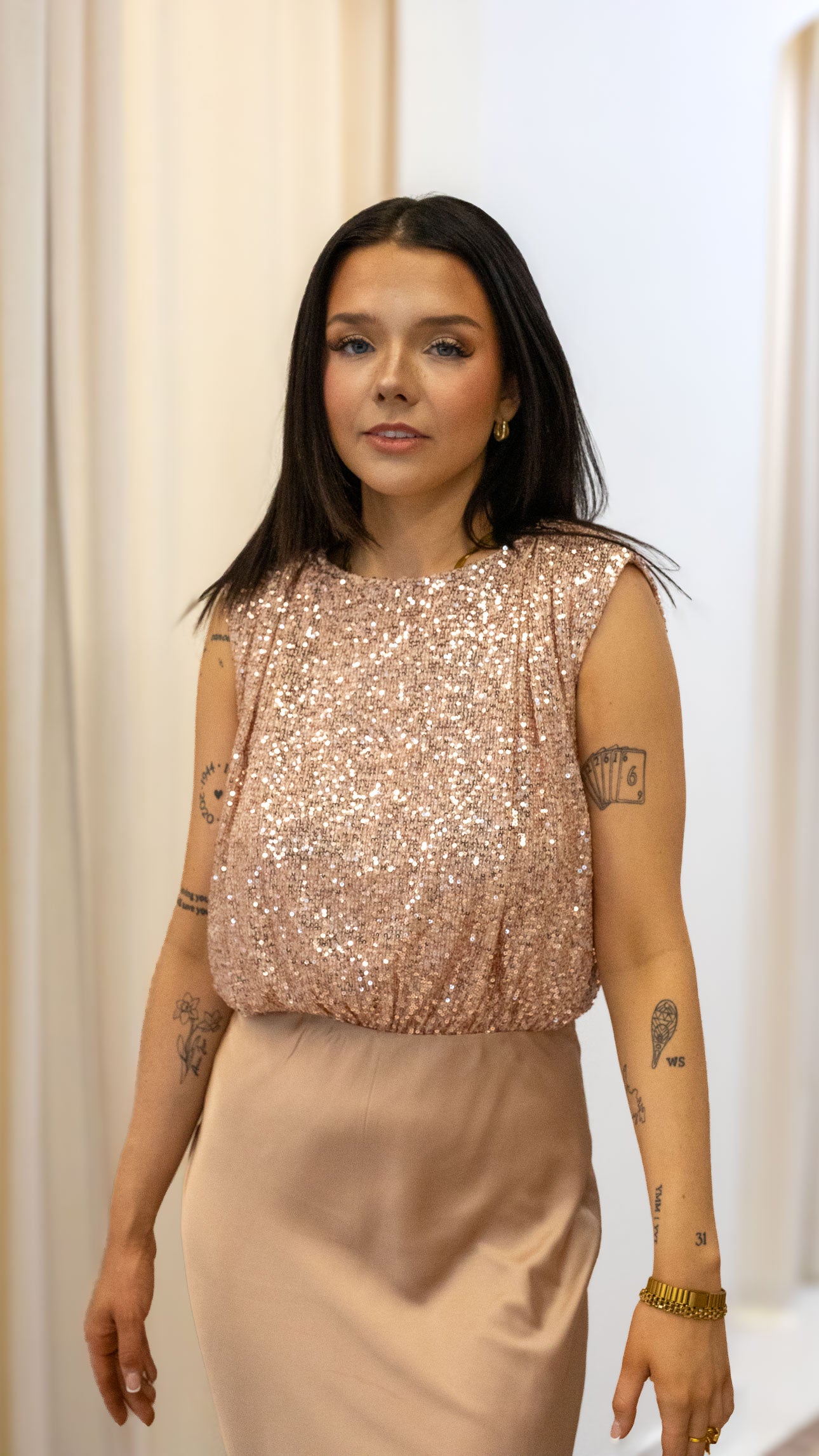 SEQUINS TOP SATIN MIDI DRESS