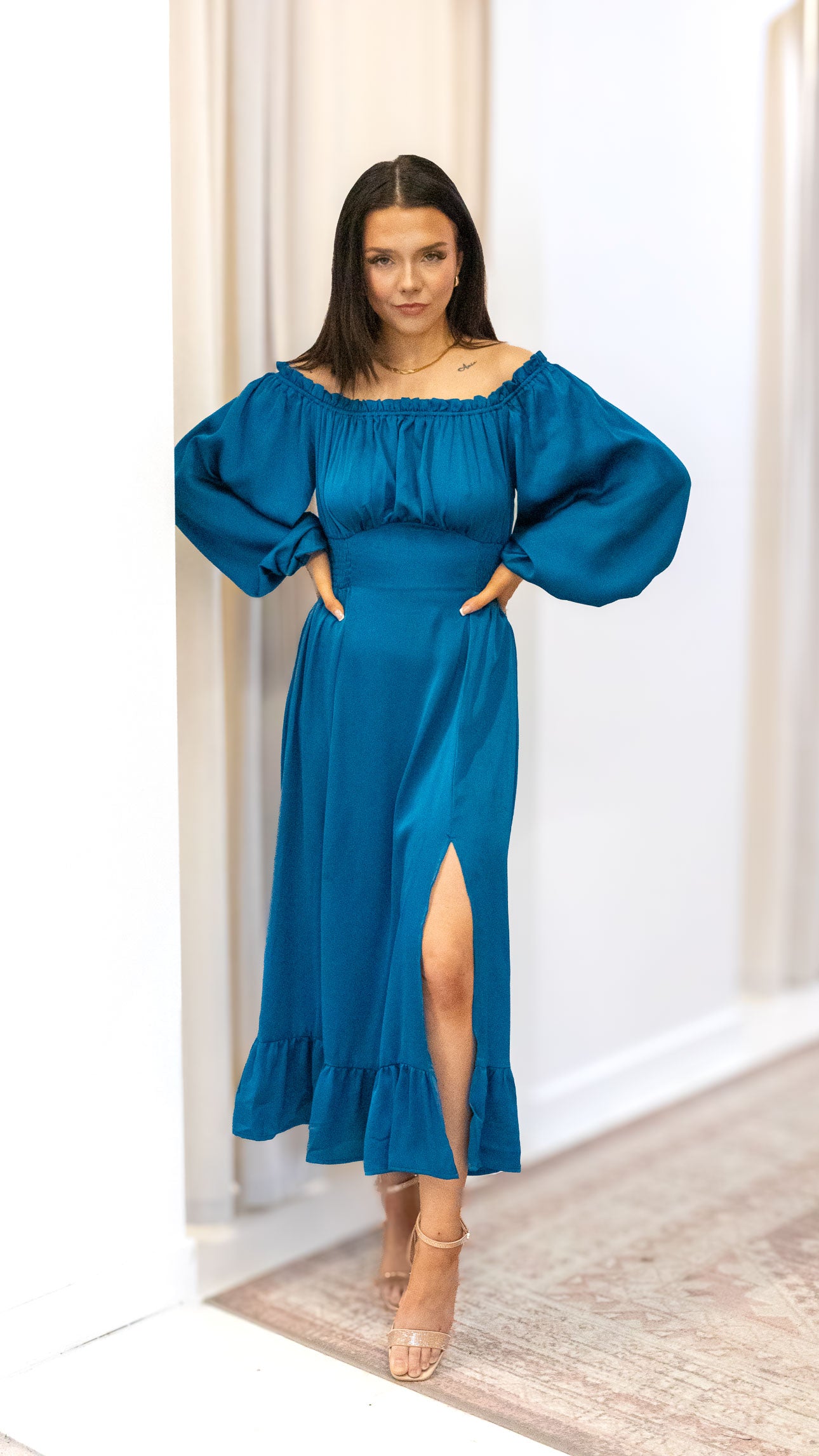 OFF SHOULDER SATIN LONG DRESS