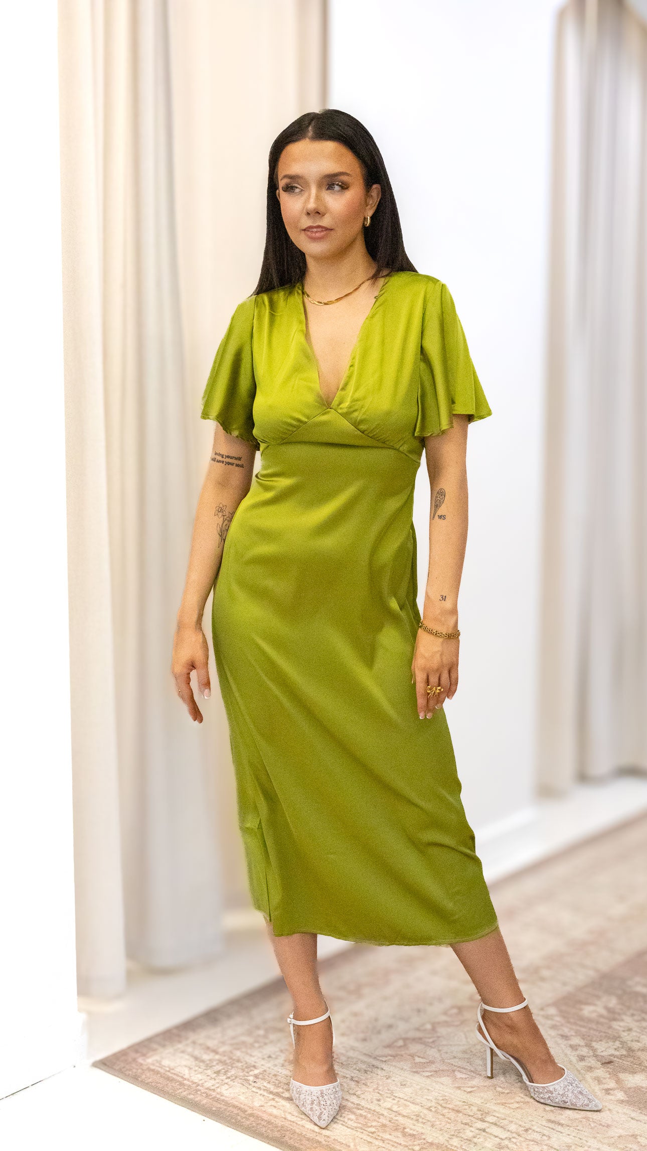 V NECK SATIN MIDI DRESSES