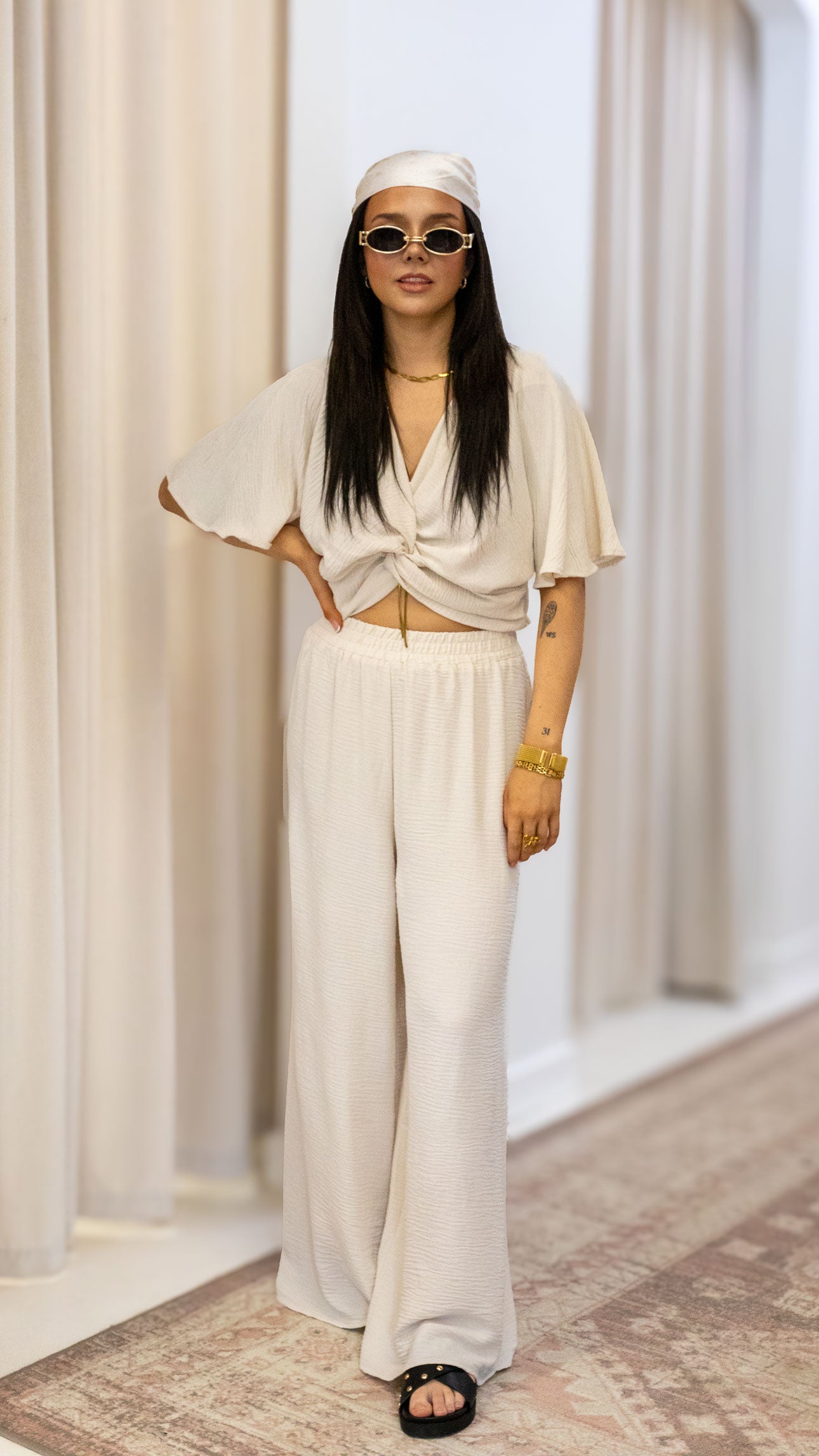 WOVEN AIRFLOW TWISTED TOP & WIDE LEG PANTS SET