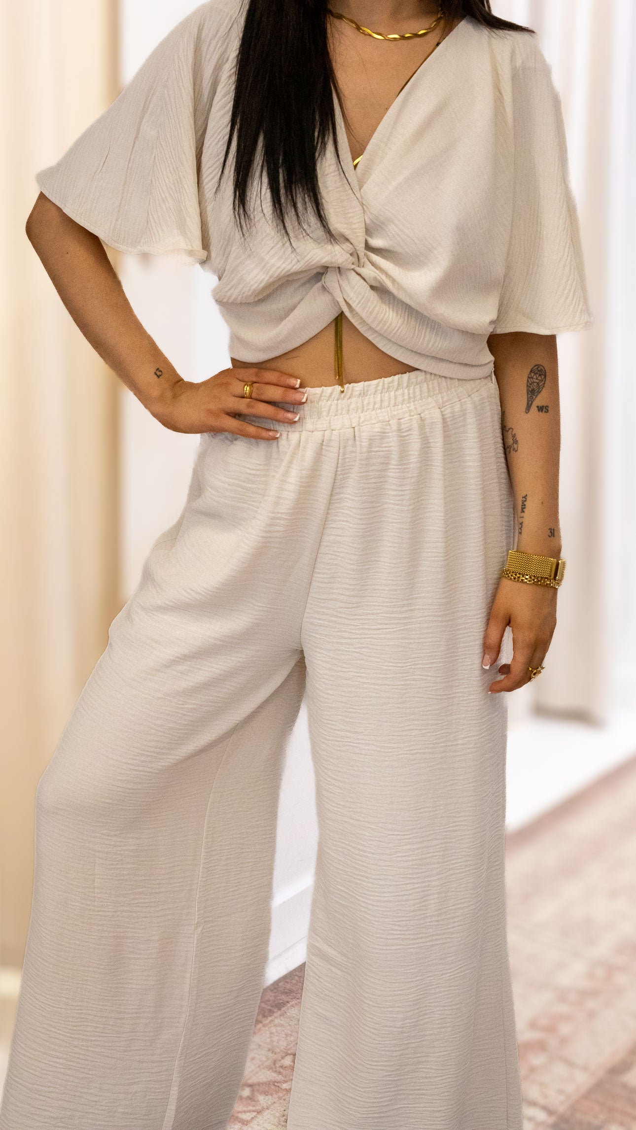 WOVEN AIRFLOW TWISTED TOP & WIDE LEG PANTS SET