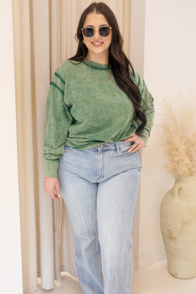 NEW OAKLEE ACID WASHED EXPOSED SEAM SWEATSHIRT (DK GREEN)