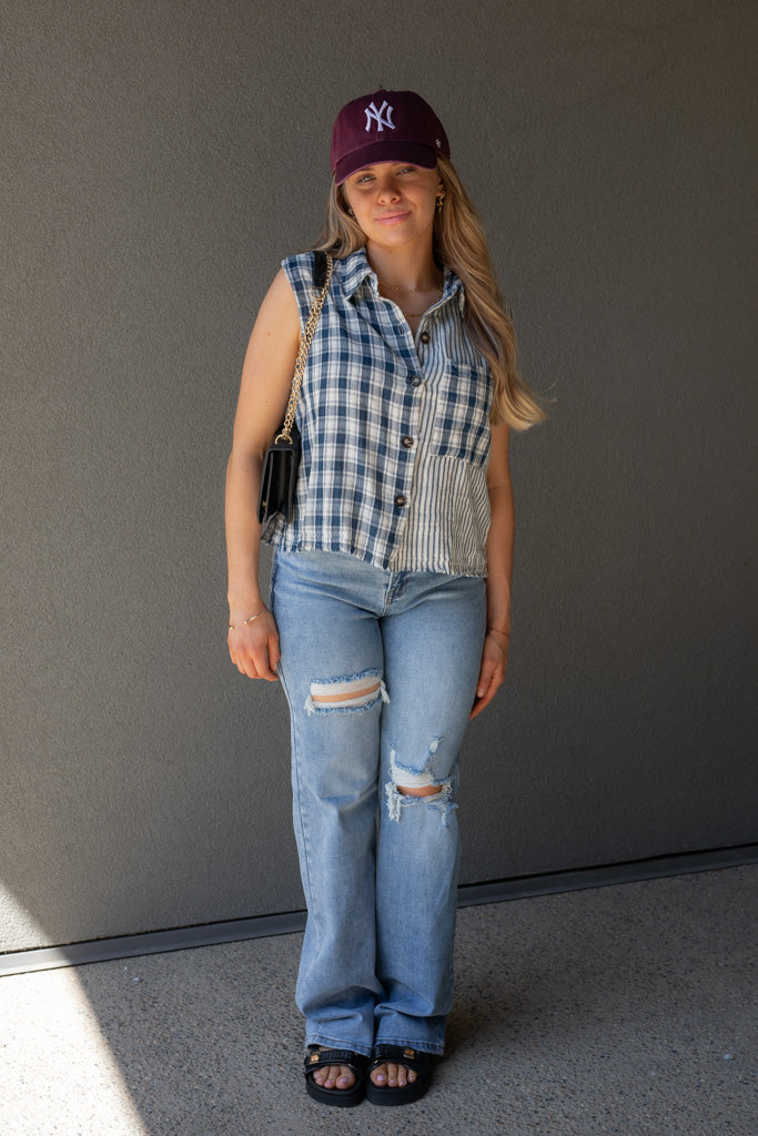 NEW RORY PLAID SLEEVELESS TOP (NAVY)