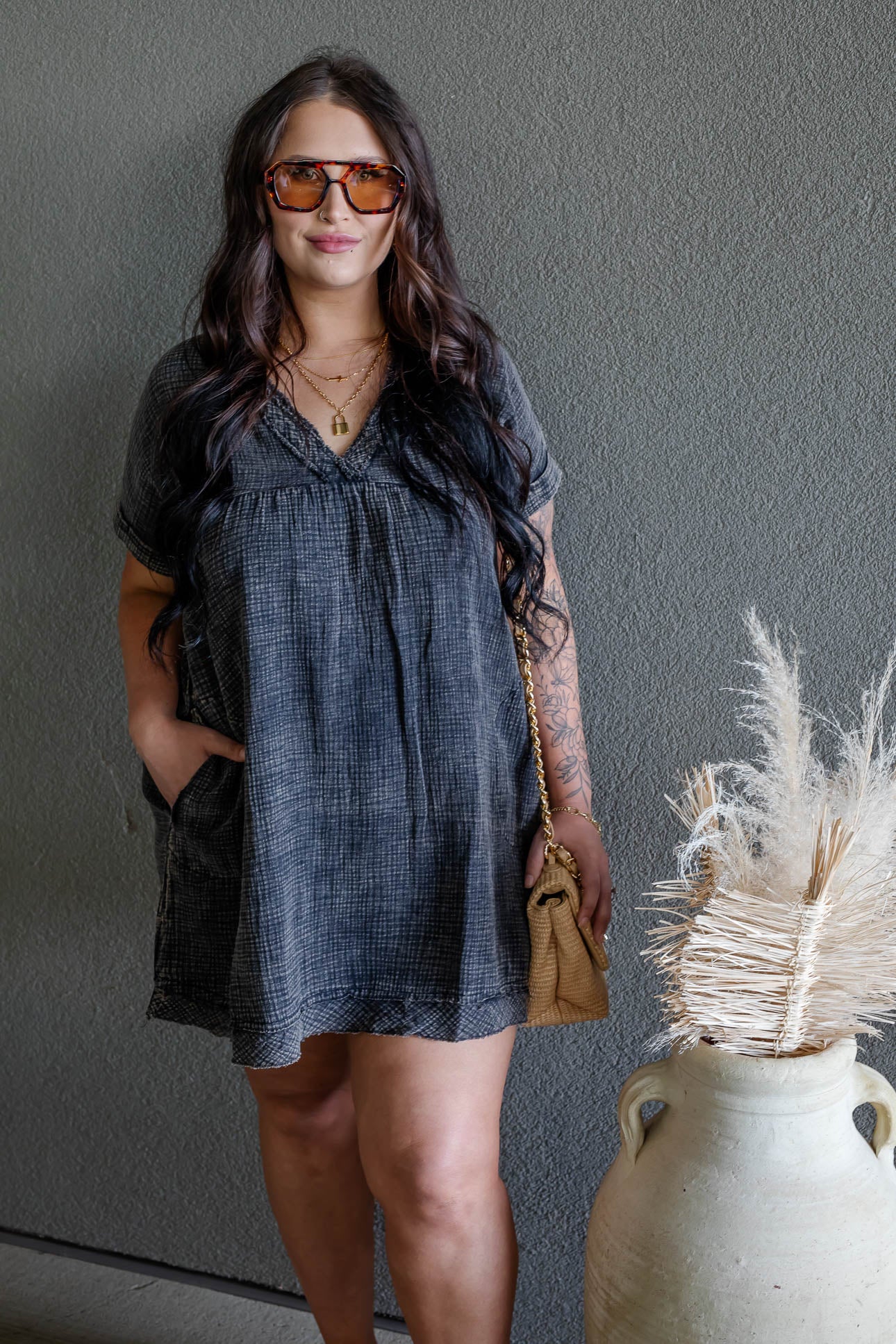 ARIANE DOUBLE GAUZE SHIRT DRESS (ASH BLACK)
