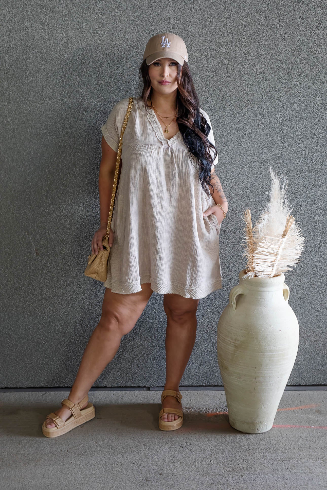 ARIANE DOUBLE GAUZE SHIRT DRESS (SAND BEIGE)