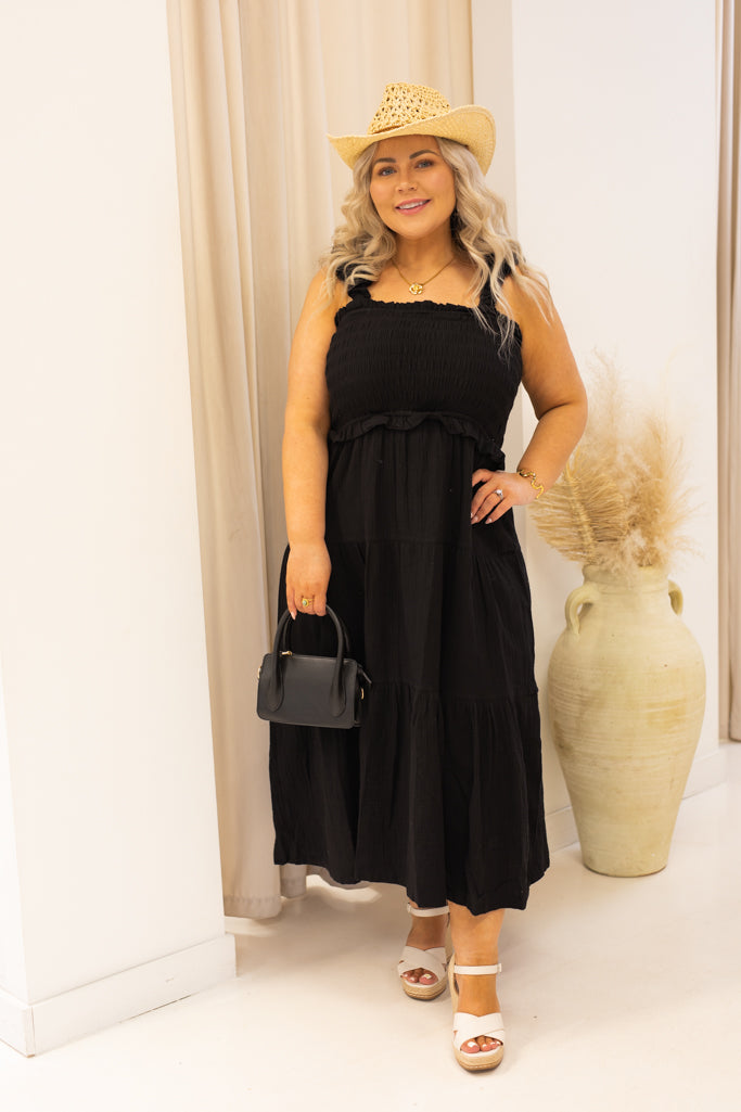NEW KIMBERLY RUFFLED MIDI DRESS | + CURVY (BLACK) VELENZIA NEW KIMBERLY RUFFLED MIDI DRESS | + CURVY (BLACK) VELENZIA