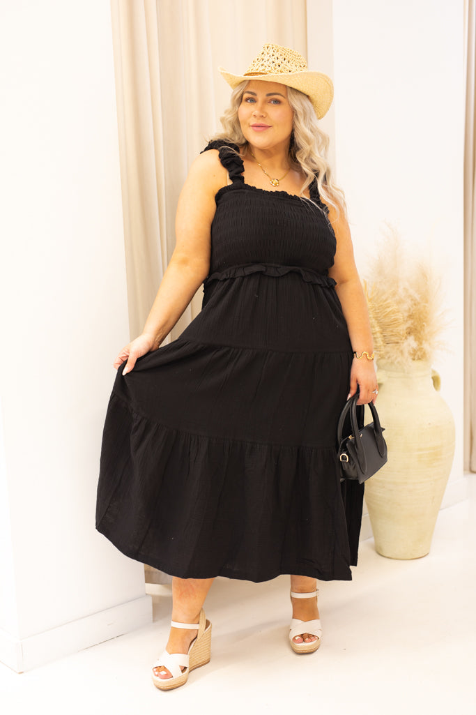 NEW KIMBERLY RUFFLED MIDI DRESS | + CURVY (BLACK)