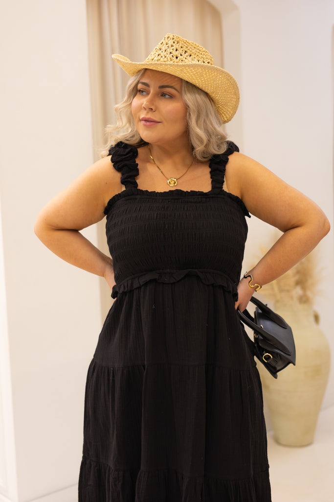 NEW KIMBERLY RUFFLED MIDI DRESS | + CURVY (BLACK)