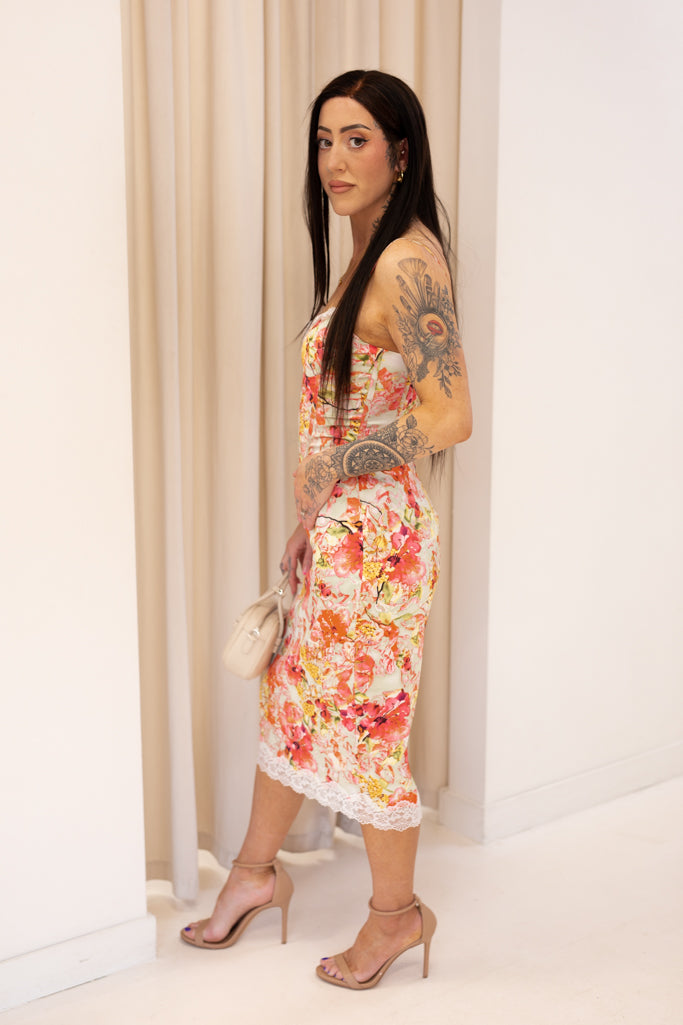 NEW JASMIN FLORAL AND LACE SATIN MIDI DRESS