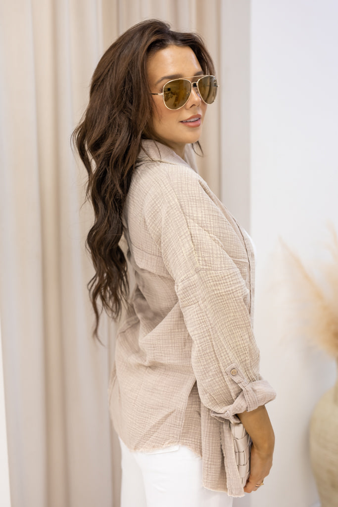 NEW JESSI LINEN STYLE BUTTON UP (NATURAL)