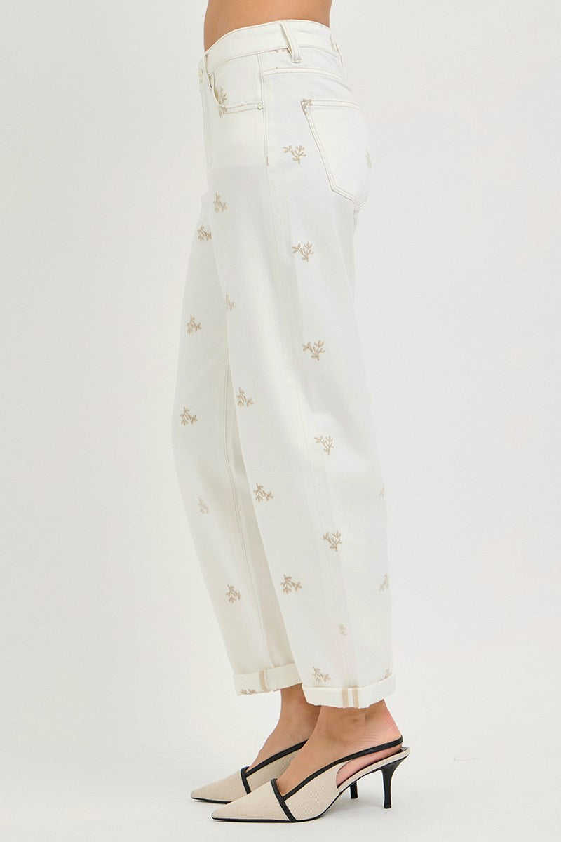 KLOE HIGH RISE LEAF EMBO DETAILED BARREL PANTS