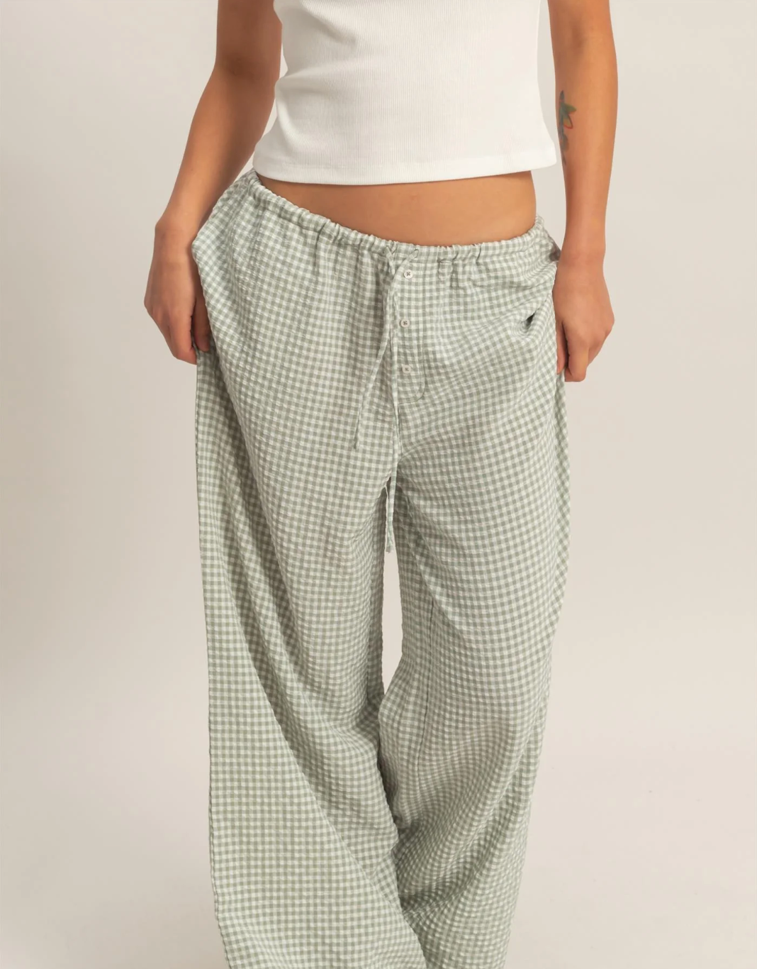 GINGHAM WIDE LEG DRAW-WAIST PANT | SAGE