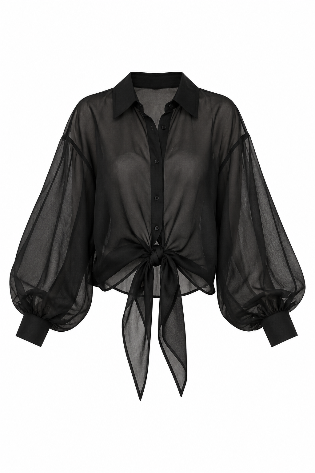 SHEER TIED BUTTON UP ORGANZA SHIRT (BLACK)