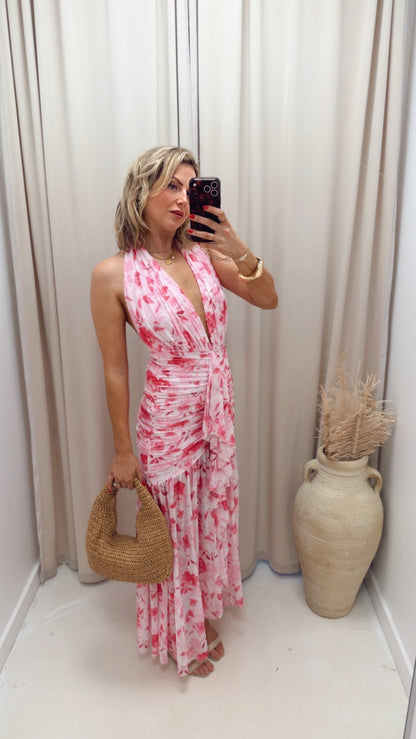 FLORAL PRINTED MESH HALTER NECK MAXI DRESS (PINK MULTI)