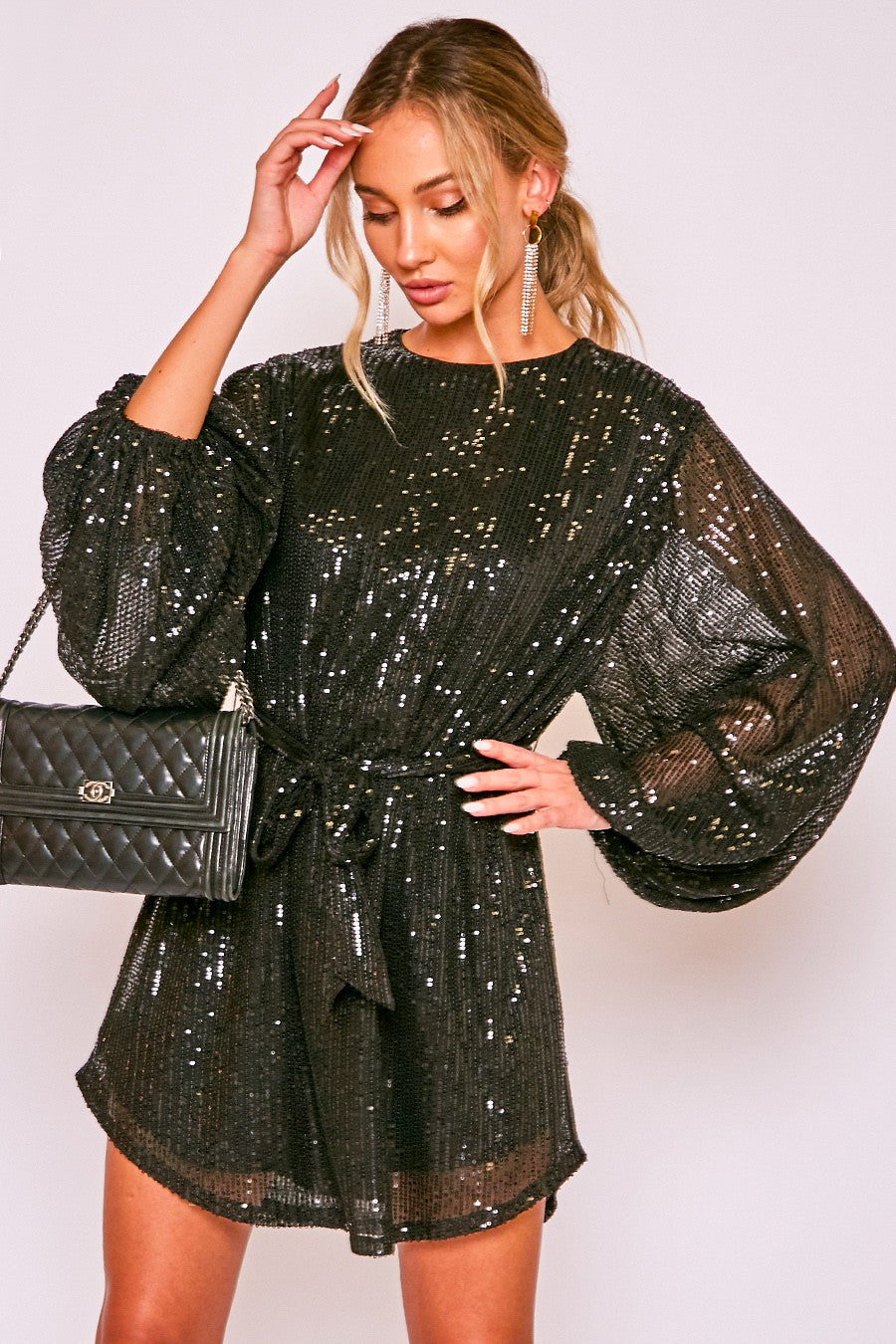 IVANKA BALLOON SEQUIN MINI DRESS (BLACK)