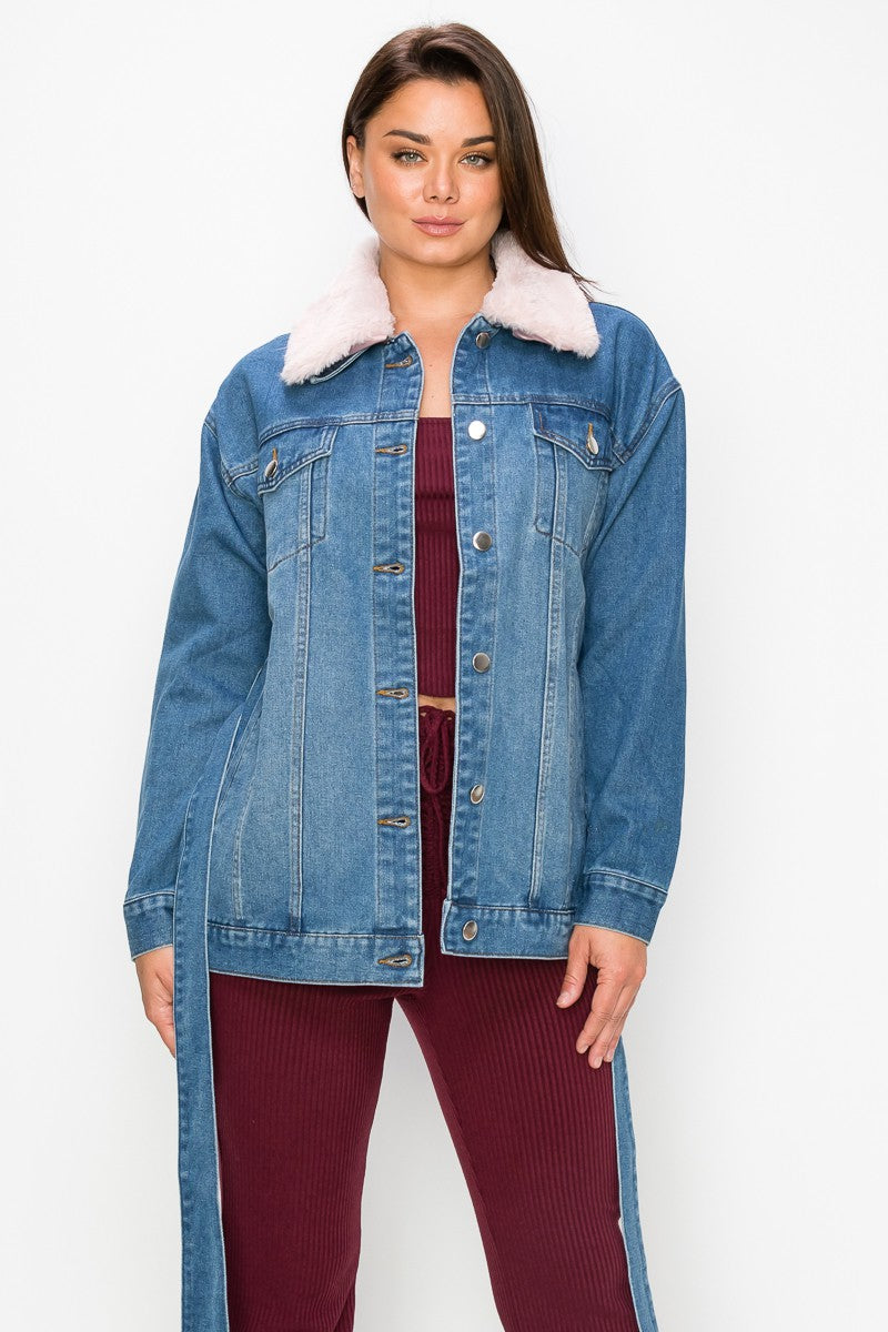 DELTA BELTED DENIM COAT (MEDIUM BLUE)
