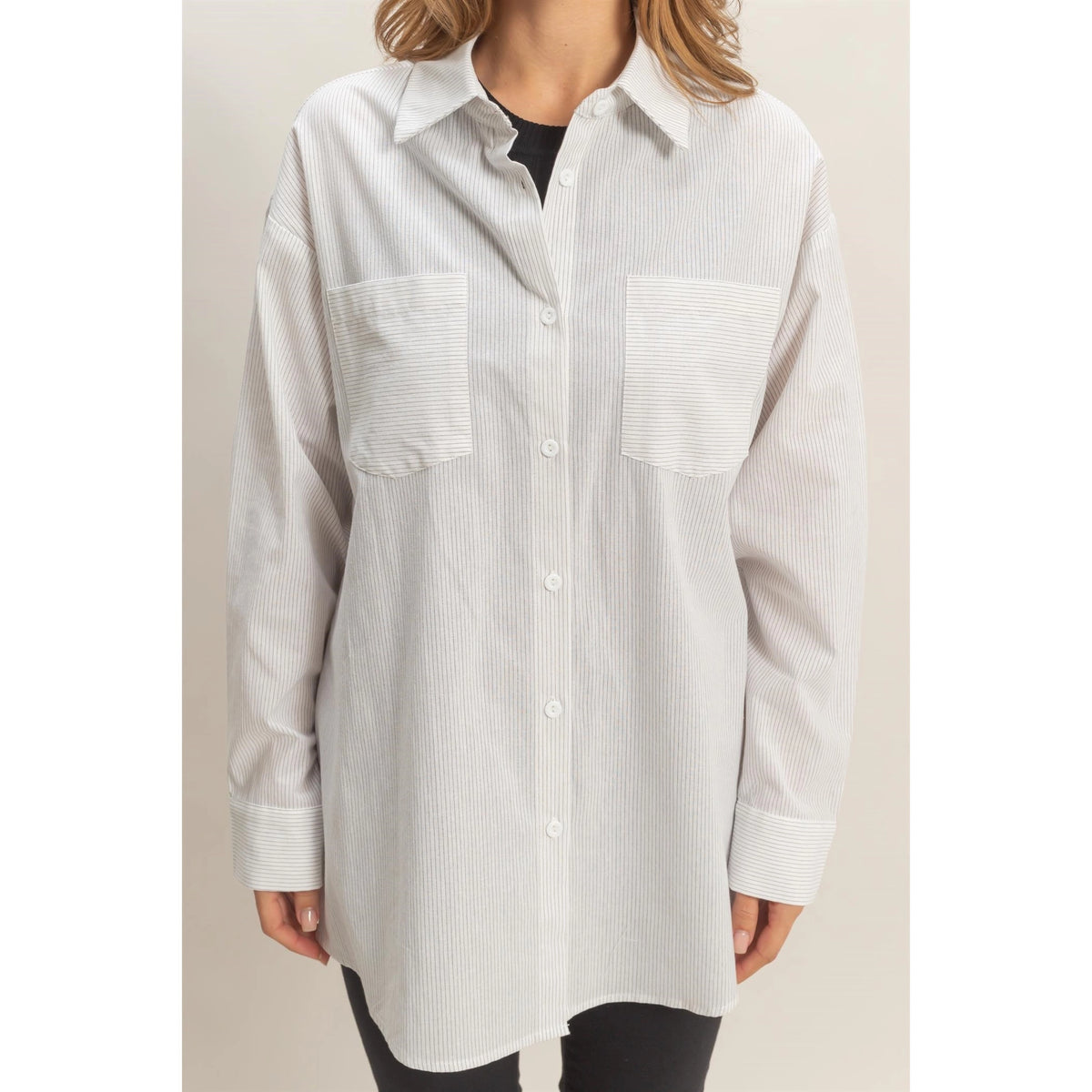 PINSTRIPE ESSENTIAL BUTTON UP SHIRT (WHITE)