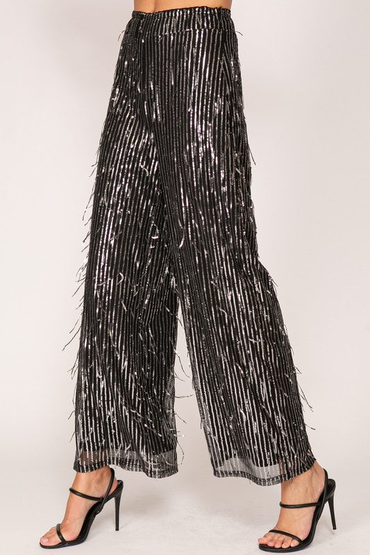 NEW VIOLET SEQUIN HIGHWAISTED WIDE LEG PANTS (BLACK)