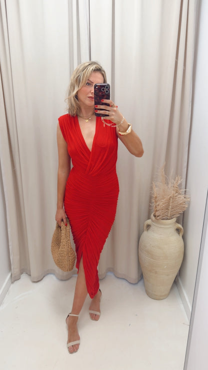 RUCHED MESH SLEEVELESS HIGH-LOW DRESS (RED)