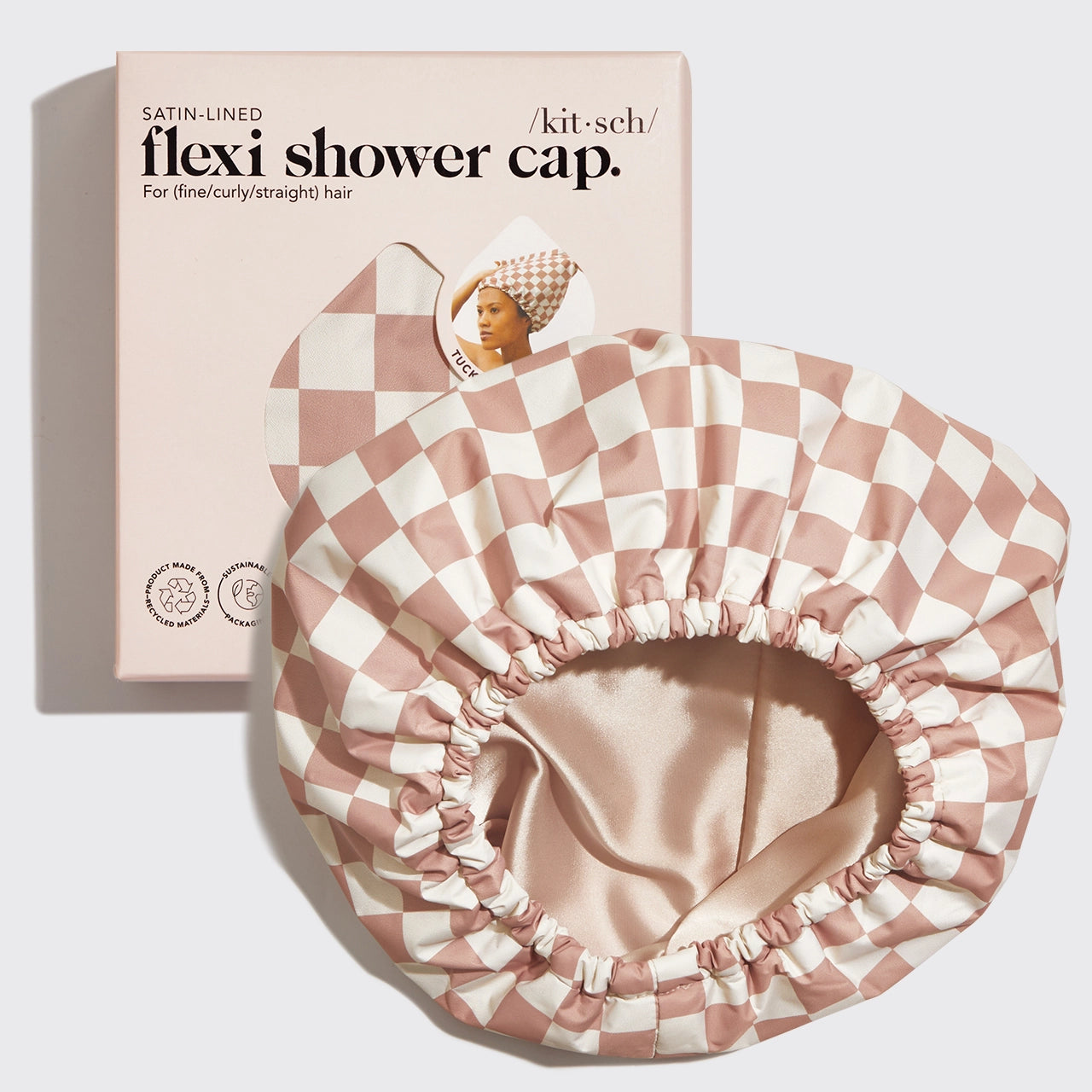 NEW | SATIN LINED FLEXI SHOWER CAP - TERRACOTTA CHECKER | KITSCH