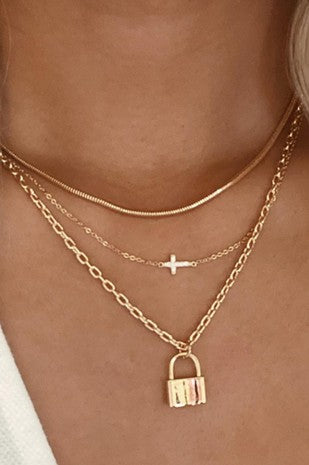 NEW MEGHAN TRIPLE NECKLACE (CROSS & LOCKET)