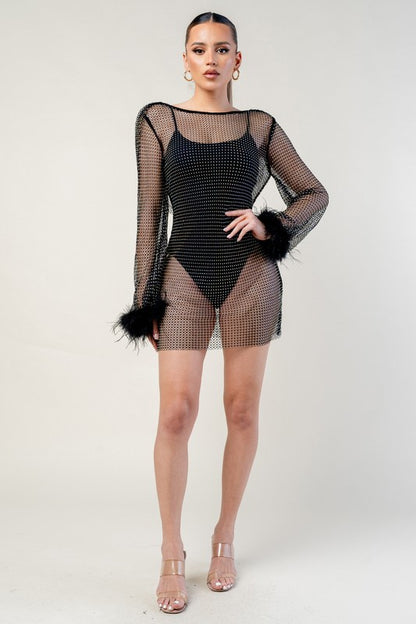 AMBER RHINESTONE MESH DRESS (BLACK)