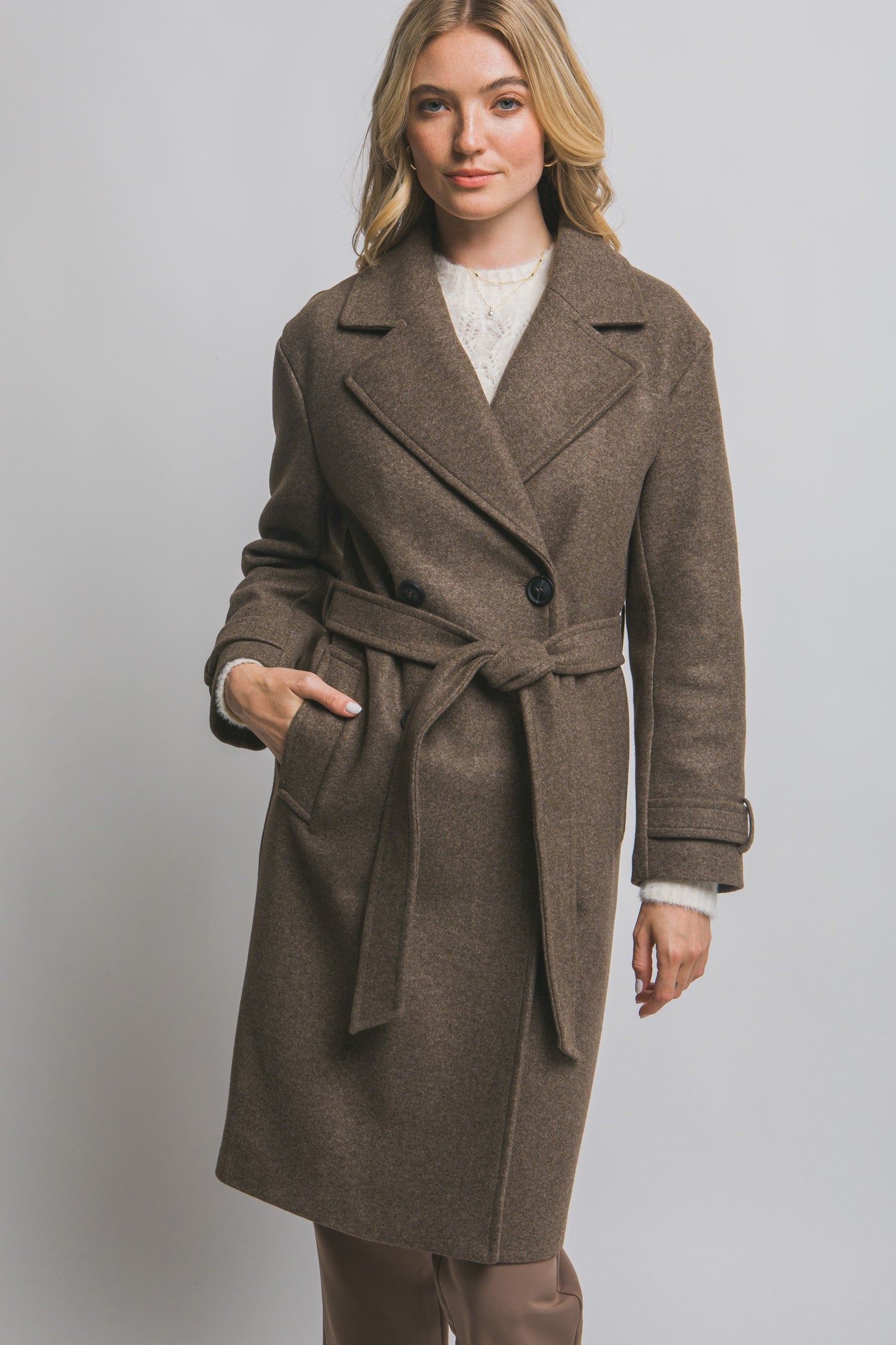 ANGELINA  DOUBLE BREASTED TIE WRAP  COAT (BROWN)