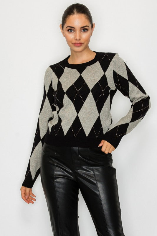 RILEY ARGYLE PATTERN SWEATER (BLACK/HEATHER GREY)