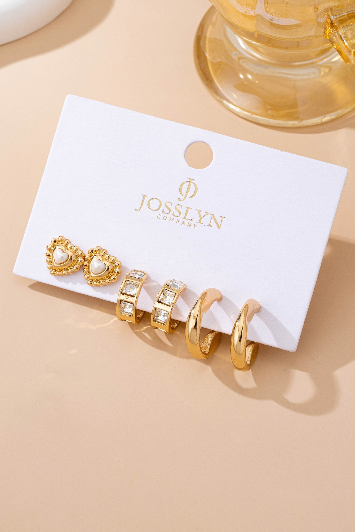 PEARL HEART &amp; RHINESTONE TRIO EARRINGS